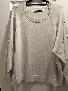 Zara Light Gray Crewneck Sweater with Pearl Accents